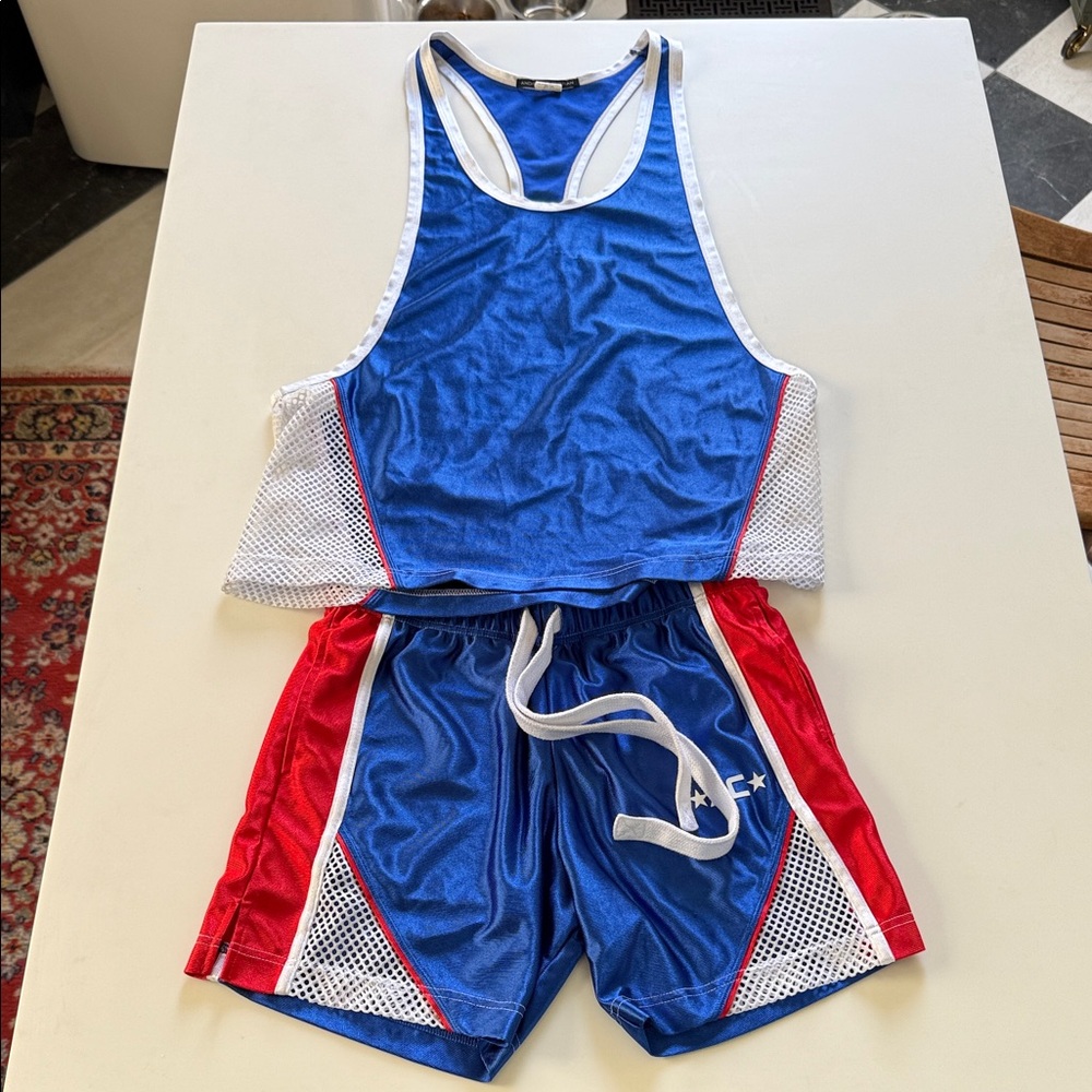 Andrew Christian Shiny Dazzle Blue and White Athletic Tank and Shorts set S